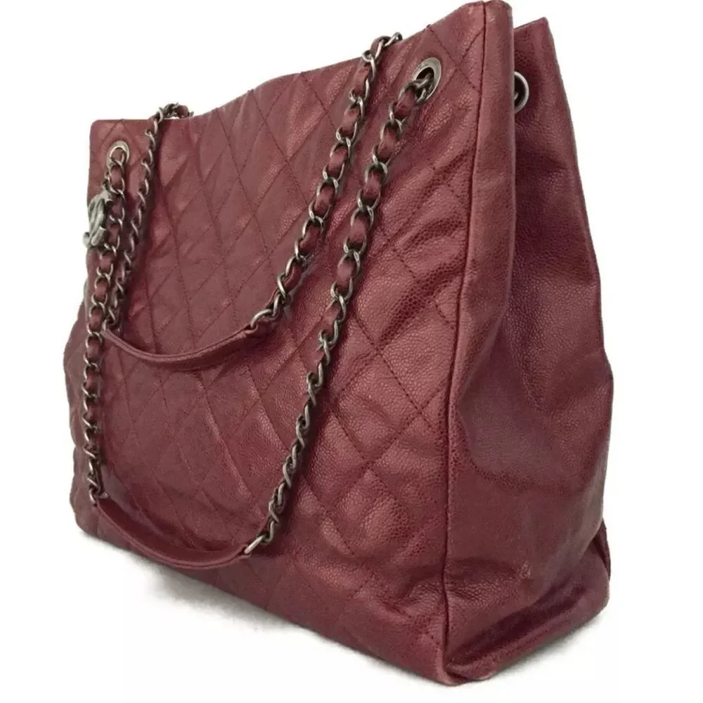 Auth Chanel Quilted Matelasse CC Charm Caviar City Shopper Tote Bag Bordeaux